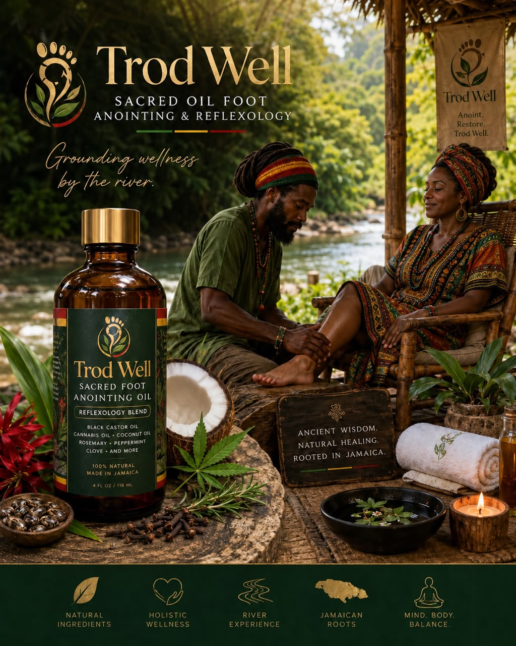 Trod Well Sacred Oil Foot Anointing and Reflexology presentation beside a Jamaican river, showing a practitioner anointing a woman’s foot and the botanical oil bottle.